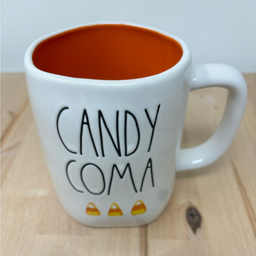 Rae Dunn CANDY COMA Mug White with Orange Interior and Black Lettering New